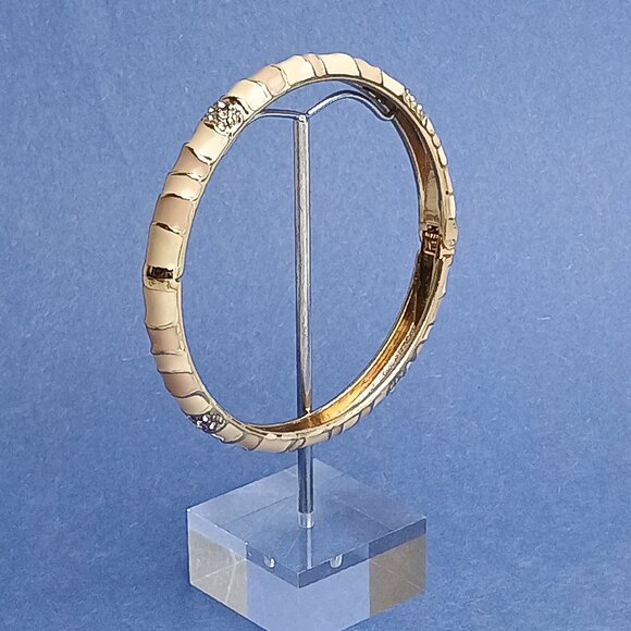 Branch Pattern Rhinestone Cream Tan Enamel Hinge Bangle Skinny Bracelet Casual - Picture 1 of 6